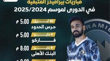 مواعيد مباريات بيراميدز المتبقية فى الدورى.. البداية اليوم مع حرس الحدود –  سبق 24